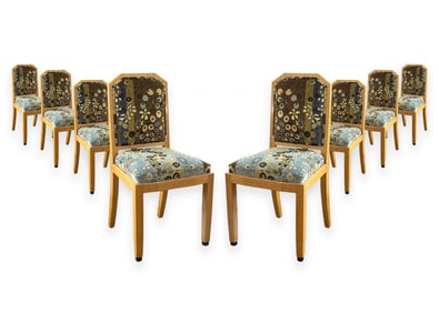 William Switzer & Jack Lenor Larsen - Dining Chairs, Set of 8 Olive Wood Primavera Fabric 1959