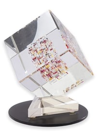 Jon Kuhn Golden Sunrise 1997 Signed Art Cube Layered Glass Sculpture on Rotating Base