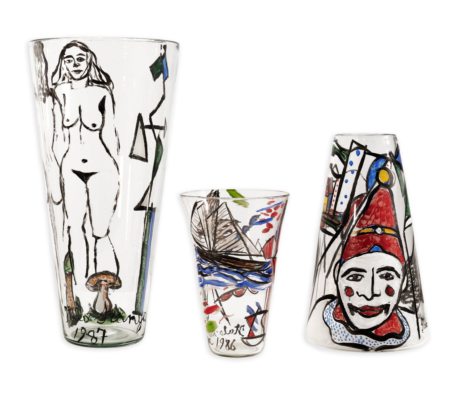 Italo Scanga Set of 3 Hand Painted Glass Vessels 1986-87 Signed Postmodern Design (1 of 12)