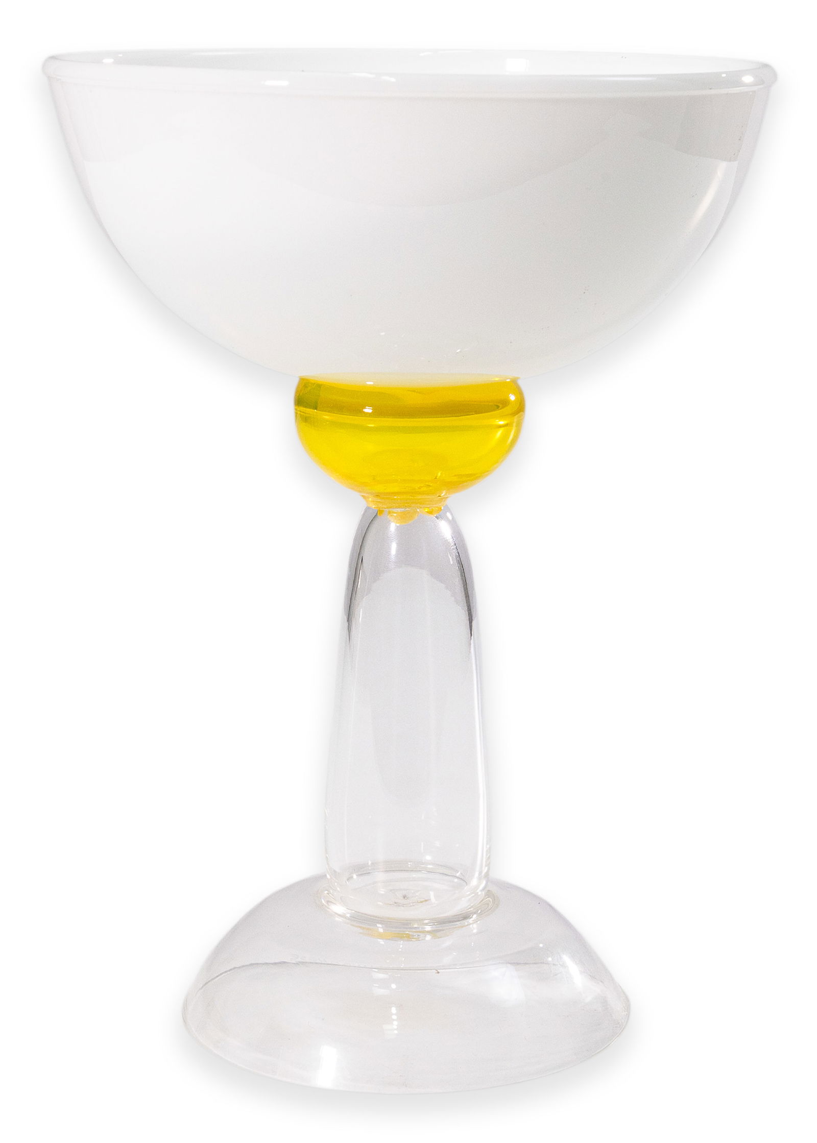 Marco Zanini for Memphis Milano Betelgeuse Vessel (Yellow) 1983 Signed Blown Glass: A postmodern hand-blown glass object titled "Betelgeuse Vessel (Yellow)" by Marco Zanini for Memphis Milano, Compagnia Vetraria Murano, 1983. Etched signature along the base. The piece features a slee