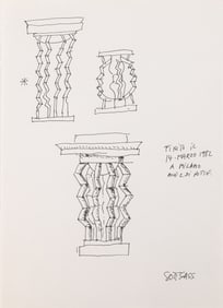 Ettore Sottsass Original Sketch (A Milano Allez 2 Notte) 1982 Signed Ink on Paper