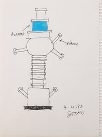 Ettore Sottsass Original Sketch (Azurro - Biacno) 1982 Signed Ink & Marker on Paper