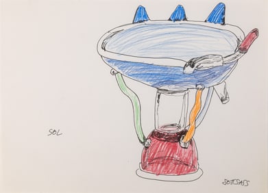 Ettore Sottsass Original Sketch (Sol) c. 1980s Signed Ink and Colored Crayon on Paper