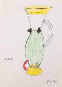 Ettore Sottsass Original Sketch (Altair) c. 1980s Signed Ink and Colored Crayon on Paper