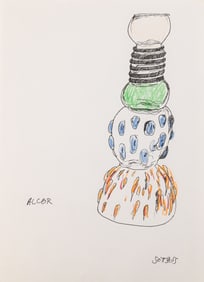 Ettore Sottsass Original Sketch (Alcor) c. 1980s Signed Ink and Colored Crayon on Paper