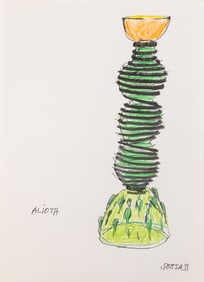 Ettore Sottsass Original Sketch (Alioth) c. 1980s Signed Ink and Colored Crayon on Paper