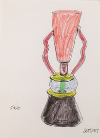 Ettore Sottsass Original Sketch (Sirio) c. 1980s Signed Ink and Colored Crayon on Paper
