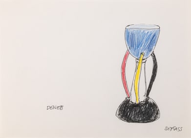 Ettore Sottsass Original Sketch (Denab) c. 1980s Signed Ink and Colored Crayon on Paper