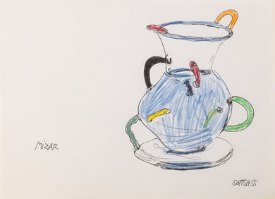 Ettore Sottsass Original Sketch (Mizar) c. 1980s Signed Ink and Colored Crayon on Paper