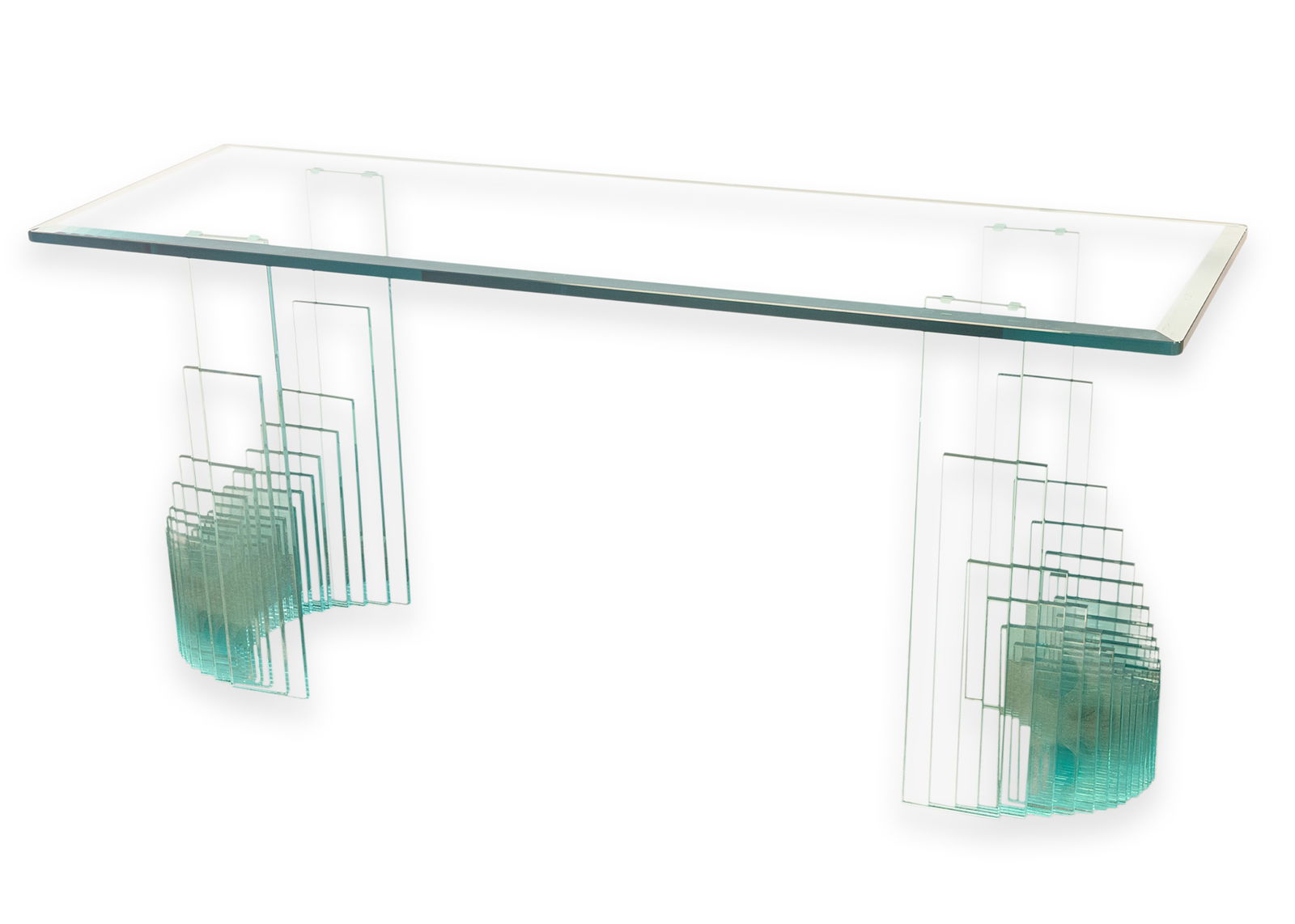 Fiam Italia Stacked Glass Rectangular Console Table c. 1970s Contemporary Modern Design: A contemporary modern Fiam stacked glass console table. This is a gorgeous Italian console table featuring a full glass construction. This table has a very delicate, elegant design. The tapered rectan