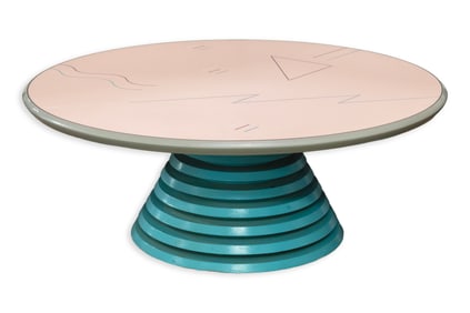 Post Modern Memphis Style Pink & Teal Circular Coffee Table With Graphic Top