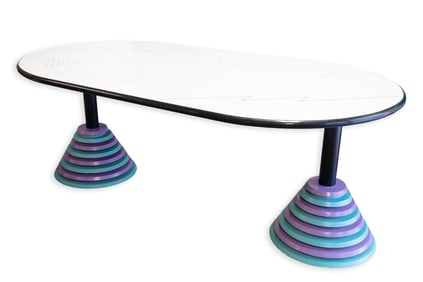 Post Modern Memphis Style Purple & Teal Oval Dining Table With Graphic Top