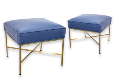 Paul McCobb for Directional Pair of Navy X-Base Brass Stool or Ottomans c. 1950s