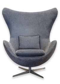Arne Jacobsen Egg Chair with Blue Checkered Fabric c. 1970s Mid Century Modern Design
