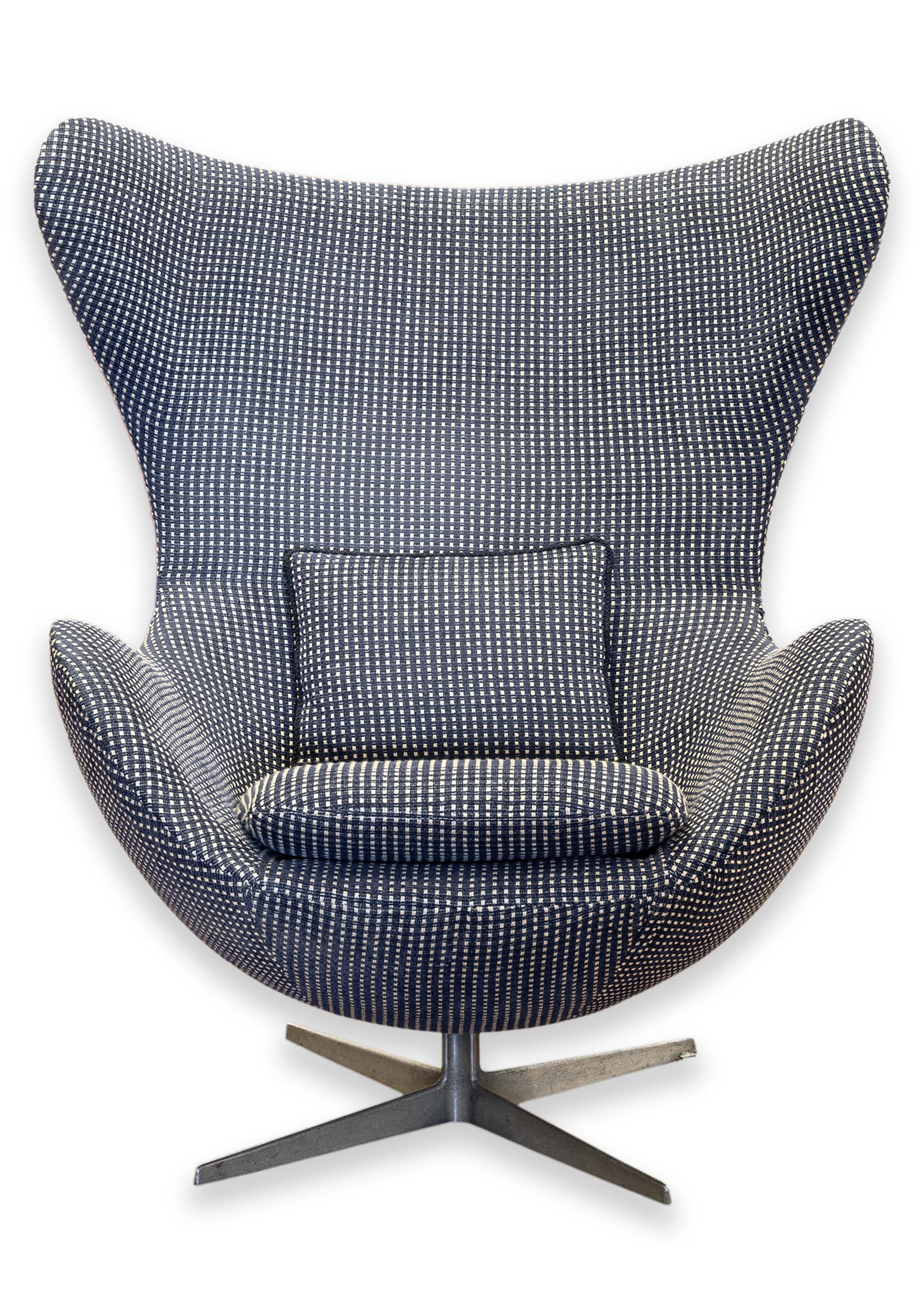 Arne Jacobsen Egg Chair with Blue Checkered Fabric c. 1970s Mid Century Modern Design: A vintage 1970s Arne Jacobsen egg chair. This lovely accent lounge chair is a staple of the mid century modern era. Arne Jacobsen originally designed this chair for the SAS Royal Hotel in 1958. The Da