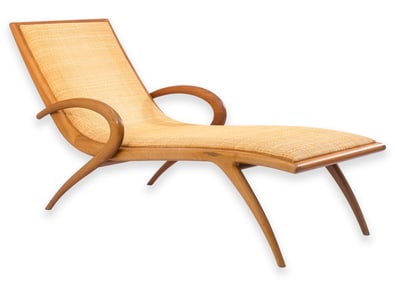 John Louis Graz Chaise Longue c. 1950s Curved Wood & Inset Woven Raffia Modern Design
