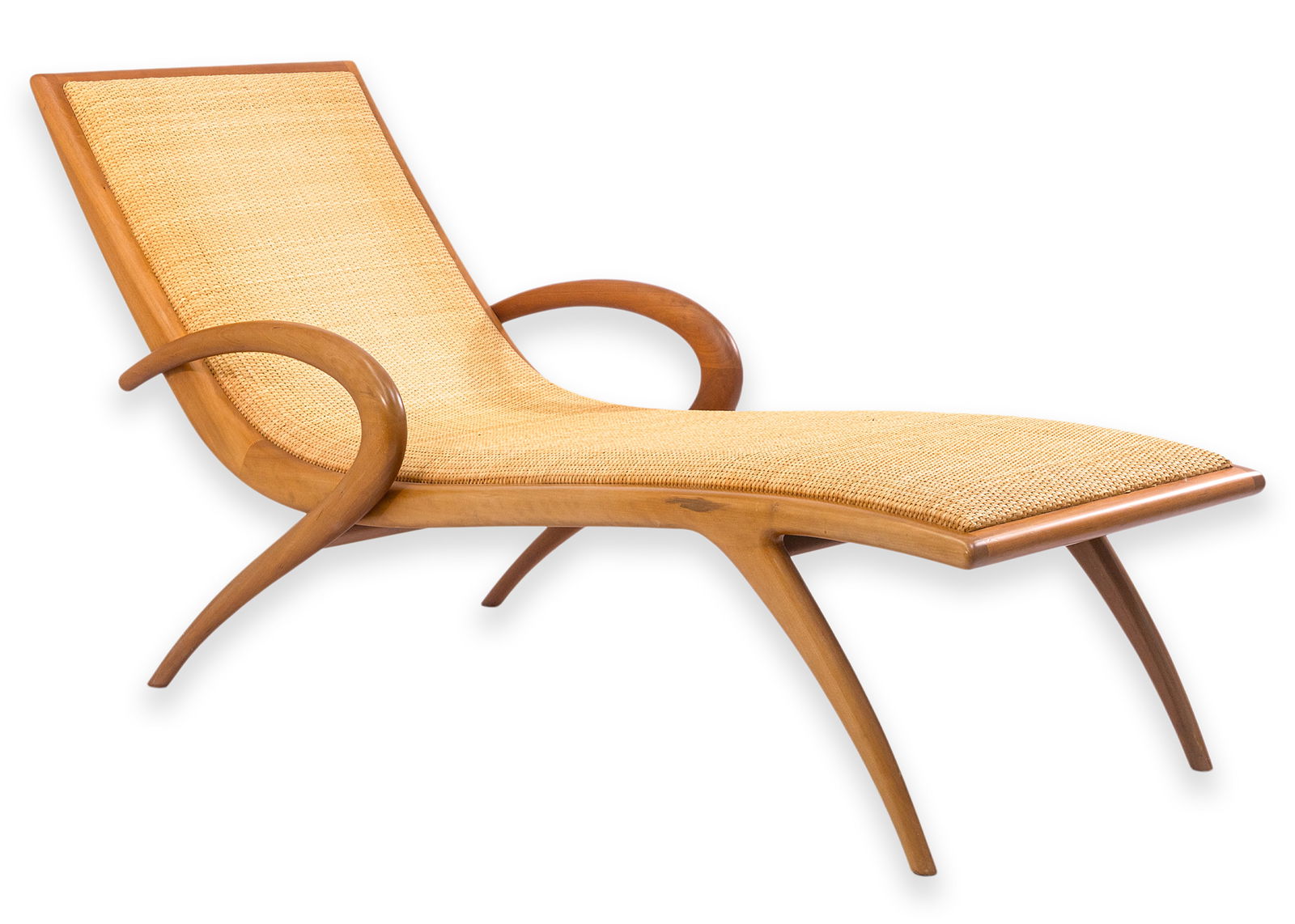 John Louis Graz Chaise Longue c. 1950s Curved Wood & Inset Woven Raffia Modern Design (1 of 10)