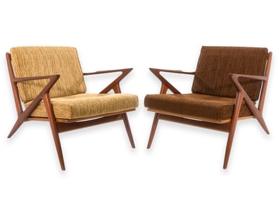Poul Jensen for Selig Pair of Z Danish Teak Wood Accent Armchairs Vintage Modern c. 1960s