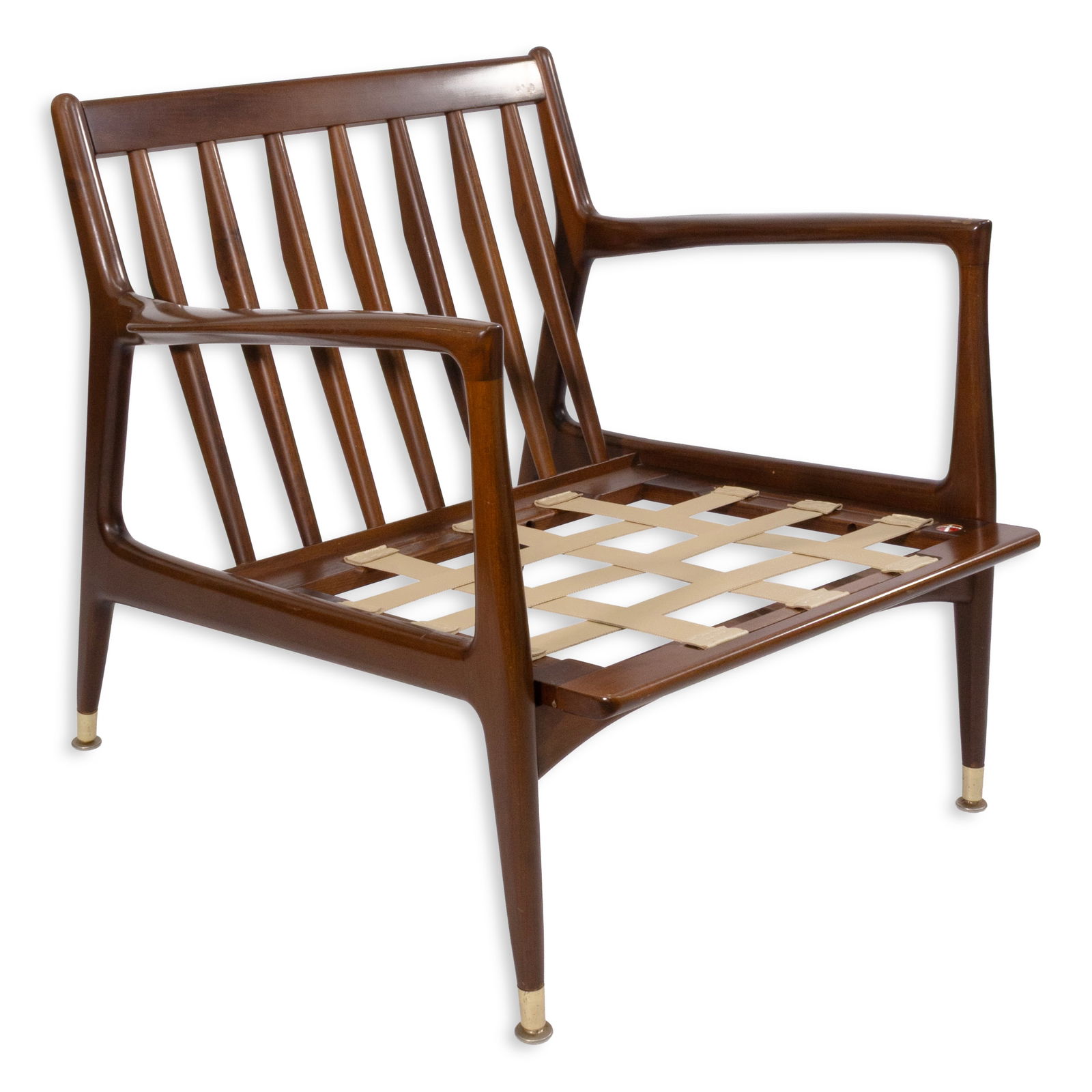Ib Kofod Larson for Selig Modern Danish Walnut Lounge Chair Vintage Modern Design: This mid-century lounge chair by Ib Kofod Larsen for Selig exemplifies classic Danish modern design. Crafted from rich walnut, the frame features elegantly sculpted arms, a slatted back, and tapered l