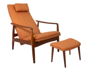Danish Teak Modern High Back Lounge Chair with Orange Fabric c. 1960s Scandinavian Design