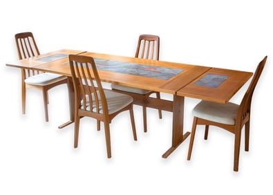 Gangso Mobler Danish Teak Mosaic Drop Leaf Dining Table w/ Benny Linden Set of 4 Teak Dining Chairs