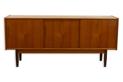 Danish Teak Wood Sliding Door Sideboard Credenza Vintage Mid Century Modern Design