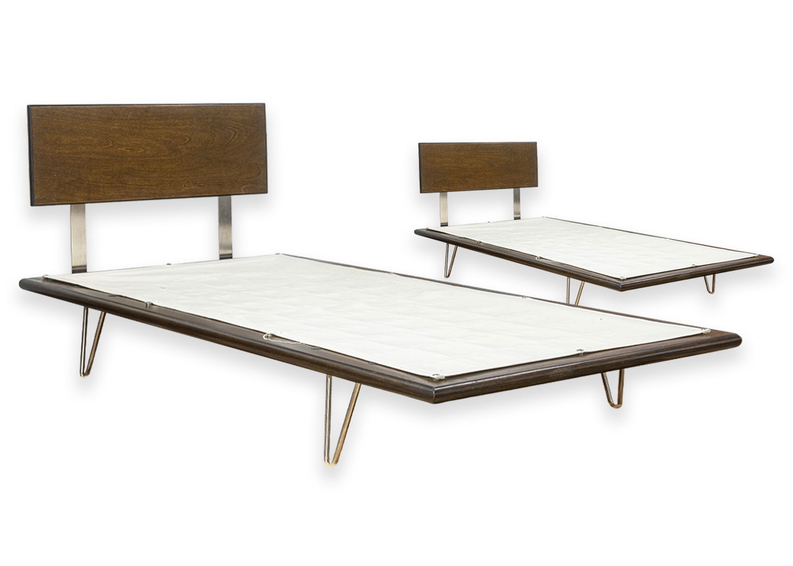 Modernica Case Study Pair of Hairpain Leg Walnut Wood Twin Bed Frames George Nelson Style: A pair of Modernica Case Study twin bed frames. This is a wonderful set of contemporary bed frames featuring a mid-century modern style inspired by George Nelson. These frames feature a walnut wood co