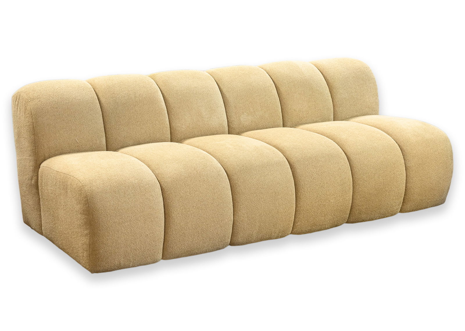 Custom-Made Contemporary Modern Beige Boucle Fabric Tufted Accent Sofa: A custom made beige tufted accent sofa. This is a super beautiful contemporary sofa, custom made with extremely high quality materials. This sofa features a beige boucle fabric, with large tufted groo