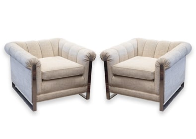 Baughman Probber Style Pair of White Cube Club Chairs Chrome Legs Mid Century Modern Design