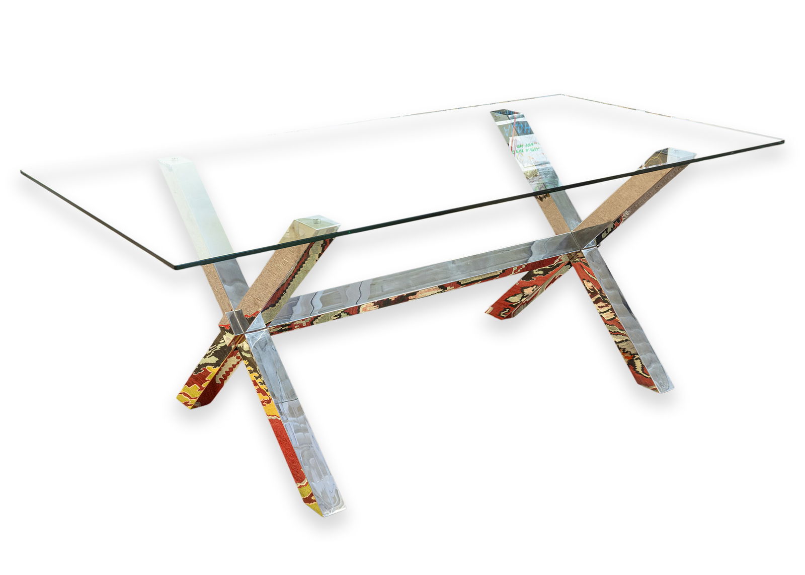 Contemporary Modern X Shaped Base Chrome and Glass Rectangular Dining Table (1 of 6)