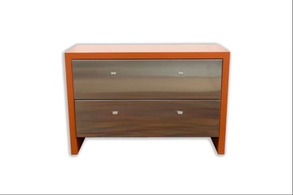 Contemporary Modern Stainless Steel and Orange Lacquer Two Drawer Cabinet Dresser