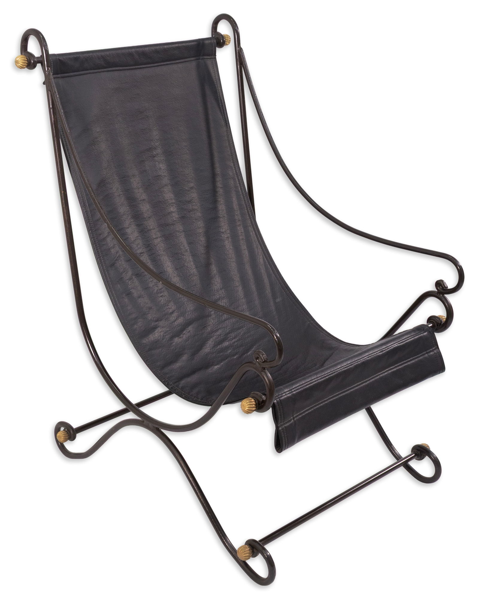 David Hicks Campache Style Wrought Iron and Leather Sling Back Chair: A sling back chair in the Campache style, attributed to designer David Hicks. The frame is crafted from wrought iron with elegant scrollwork and decorative brass finials, lending a sculptural presence