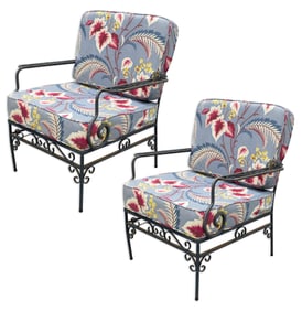 Woodard Collection Vintage Pair of Floral Cushion Wrought Iron Patio Armchairs