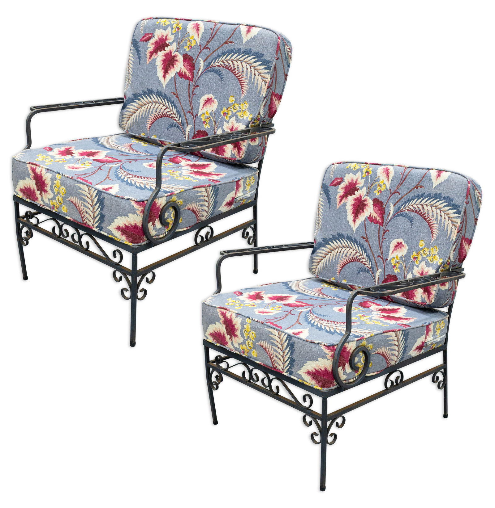 Woodard Collection Vintage Pair of Floral Cushion Wrought Iron Patio Armchairs (1 of 9)