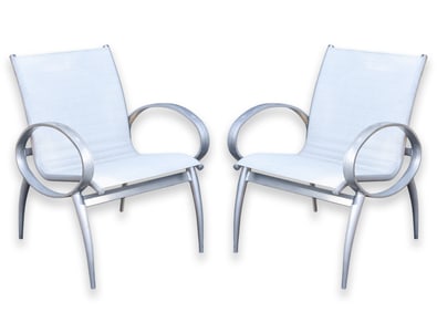 Tropitone Pair of Contemporary Modern Silver Aluminum Outdoor Patio Armchairs