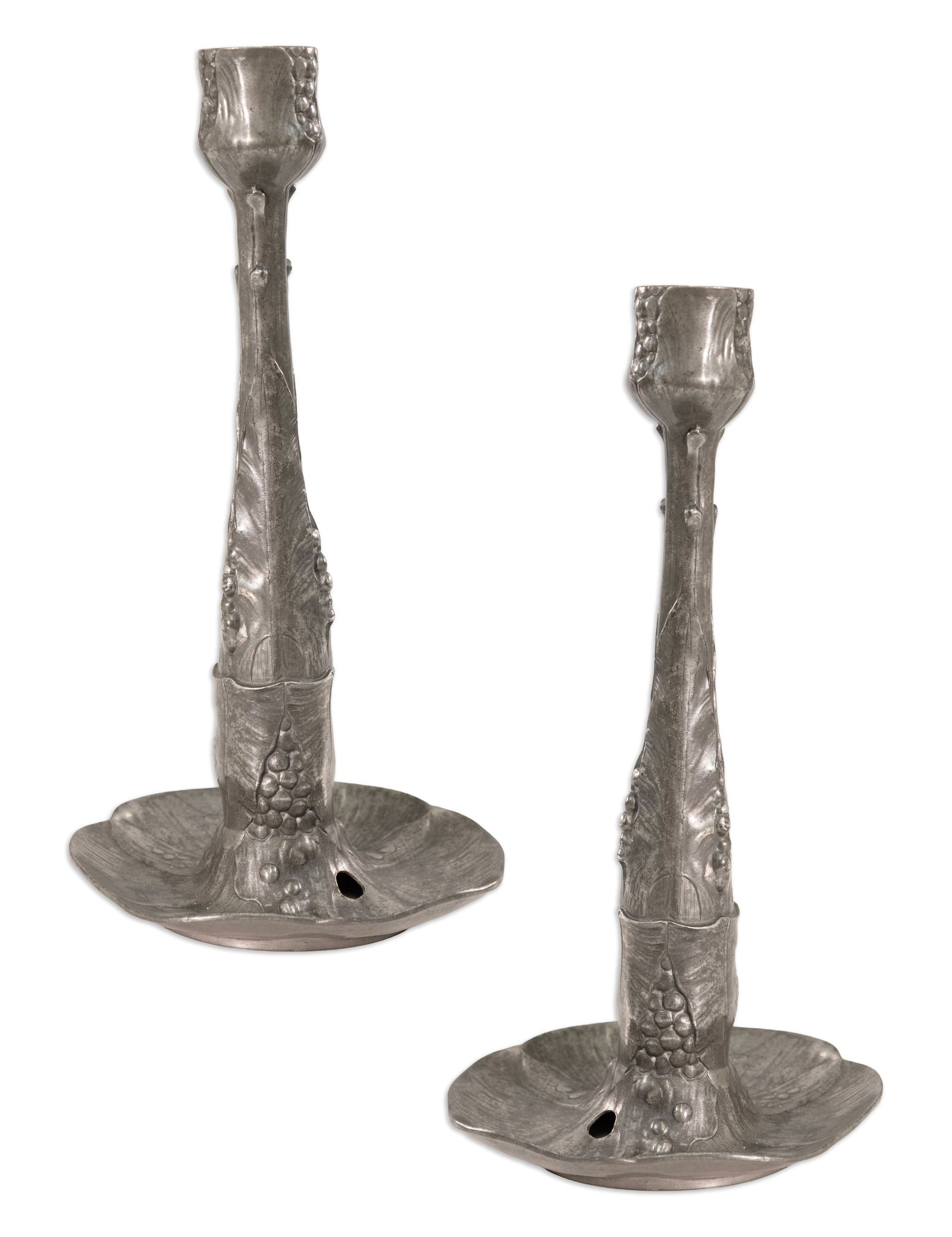 Kayserzinn Pair of Pewter Candlesticks Floral Art Nouveau Design: This pair of vintage Art Nouveau pewter candlesticks by Kayserzinn displays the organic elegance of early 20th-century design. Each features fluid, nature-inspired forms and detailed floral and vine m