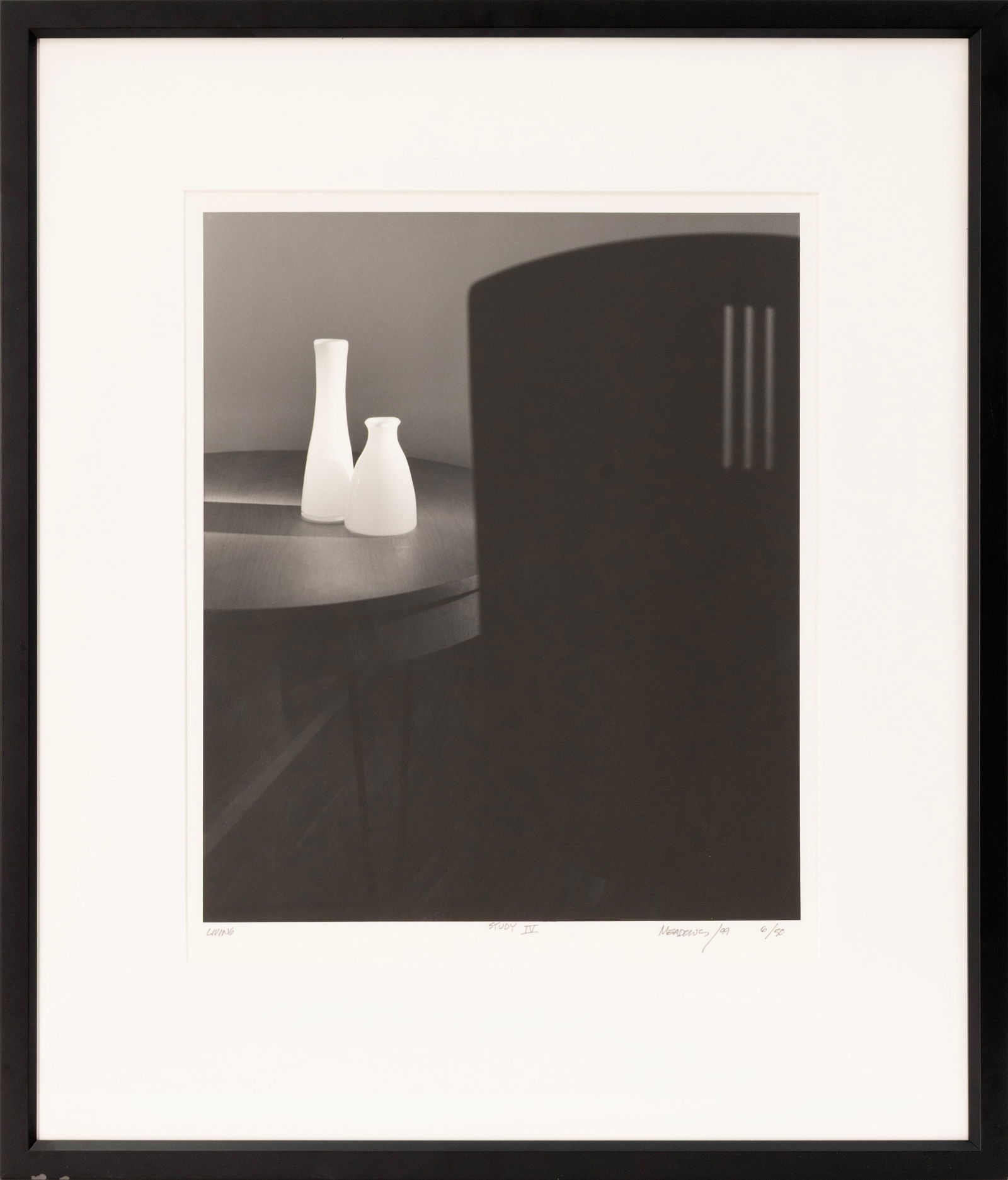 Gene Meadows Living Study IV 1999 Signed Silver Gelatin Print 6/50 Framed: A contemporary silver gelatin print titled "Living Series IV" by Gene Meadows. Hand signed in pencil, dated 1999, with an annotation of 6/50 on the lower right. From a private collection. Dimensions: