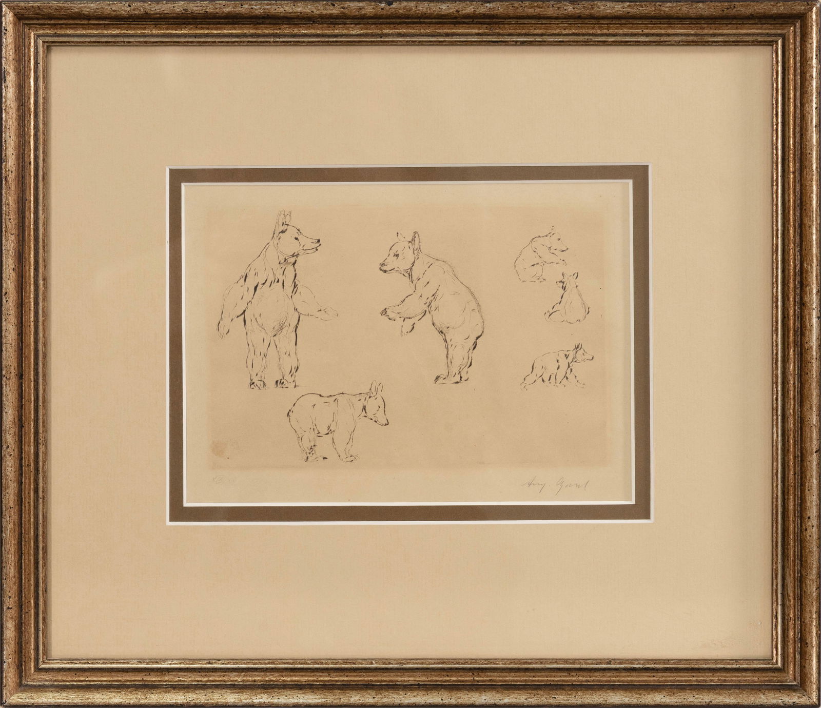 August Gaul (1869-1921) Untitled (Bears) Signed Etching on Paper XIX/XX Framed (1 of 7)