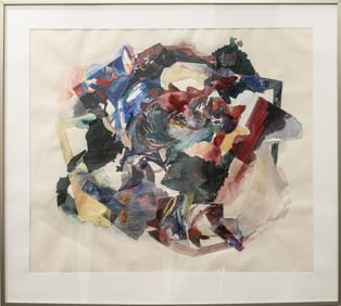 Fran Levin Signed c. 1980s Modern Watercolor Collage Abstract Expressionist