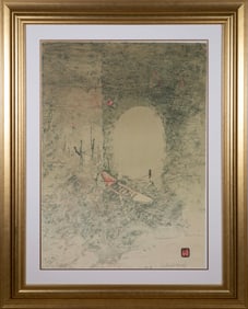 Lebadang Boat at Docks Signed Modern Lithograph with Intaglio H.C. Framed