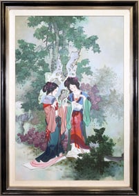 Hua Sanchuan Viewing Flowers Contemporary Figurative Asian Acrylic Painting
