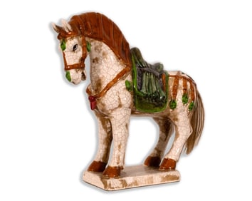 Antique Vintage Horse Chinese Tang Dynasty Style Glazed Pottery Figurine w/ Hair