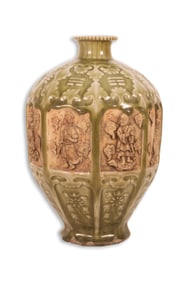 Antique Chinese Octagon Vase with Molded Panels Daoist Immortals Yuan Dynasty