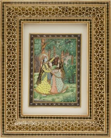 Indian Miniature Mughal Style Painting of Krishna & Radha, Watercolor & Gold on Paper
