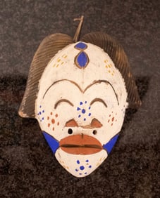 African Polychrome White Wall Sculpture with Orange Lips Mask Antique