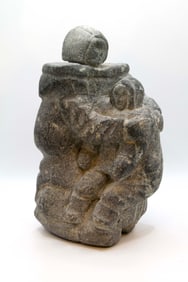 Inuit Mother & Child Grey Soapstone Carving Sculpture Native Arctic Canada