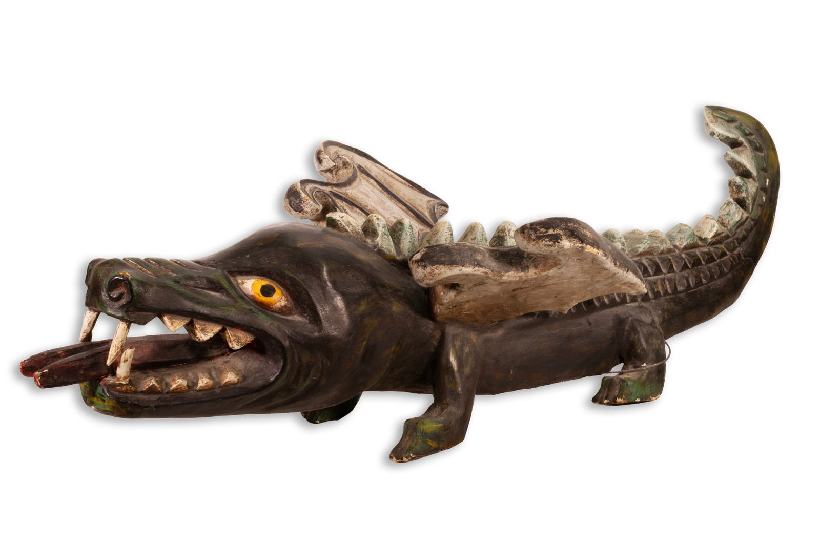 Antique Mexican Folk Art Dragon Sculpture Hand Carved & Painted Wood: An antique Mexican Folk Art Dragon sculpture. Hand carved and painted wood. Circa early 20th century. A curious and unique statement perfect for an eclectic collection with global decor. From a privat