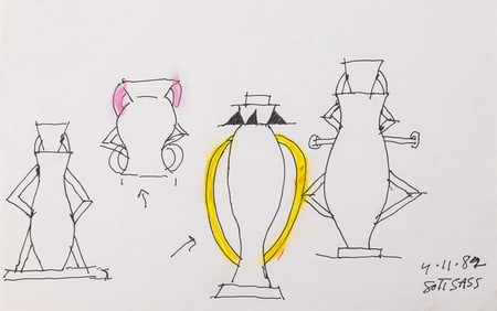 Ettore Sottsass Original Sketch (Four Objects) 1982 Signed Ink & Marker on Paper