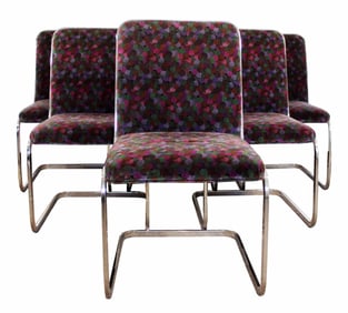 Brueton Set of 6 Chrome Cantilever Modern Dining Chairs with Jack Lenor Larsen Style Fabric