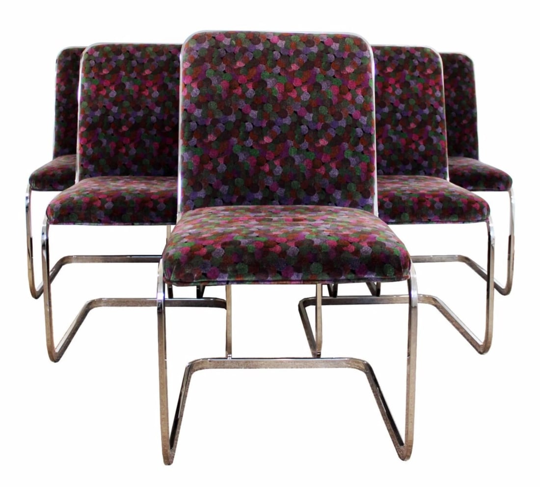 Brueton Set of 6 Chrome Cantilever Modern Dining Chairs with Jack Lenor Larsen Style Fabric: A set of 6 cantilever set of six, chrome dining chairs, by Brueton Furniture, with Jack Lenor Larsen fabric. In excellent condition. The dimensions are 19" W x 26" D x 36" (3') H x 18" S.H. No pitting